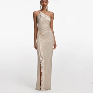 Self-Portrait Champagne Rhinestone Lace Trim Maxi Dress